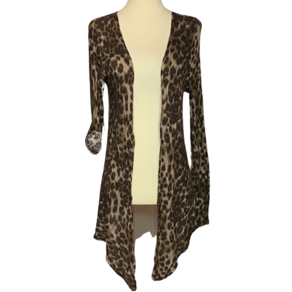 French Laundry roll tab sleeve cardigan duster leopard jaguar print, S - Picture 5 of 7